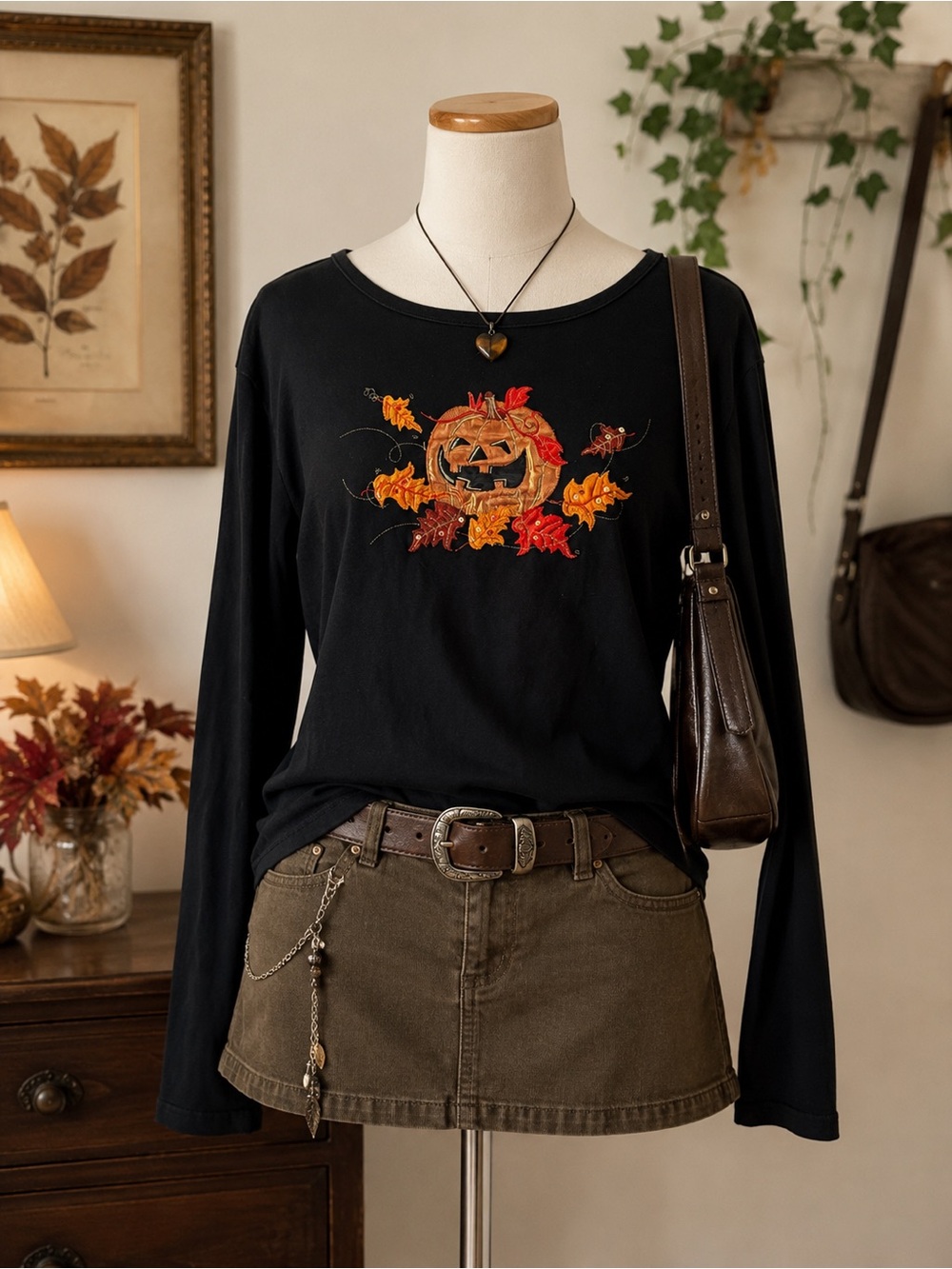 Black Halloween Pumpkin Embroidered Long-Sleeve Top